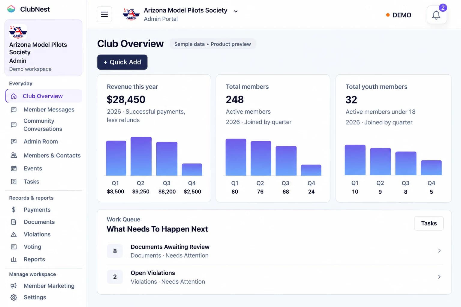 Illustrative ClubNest model aviation admin dashboard with member records, payments, documents and club activity. Fictional demo data.