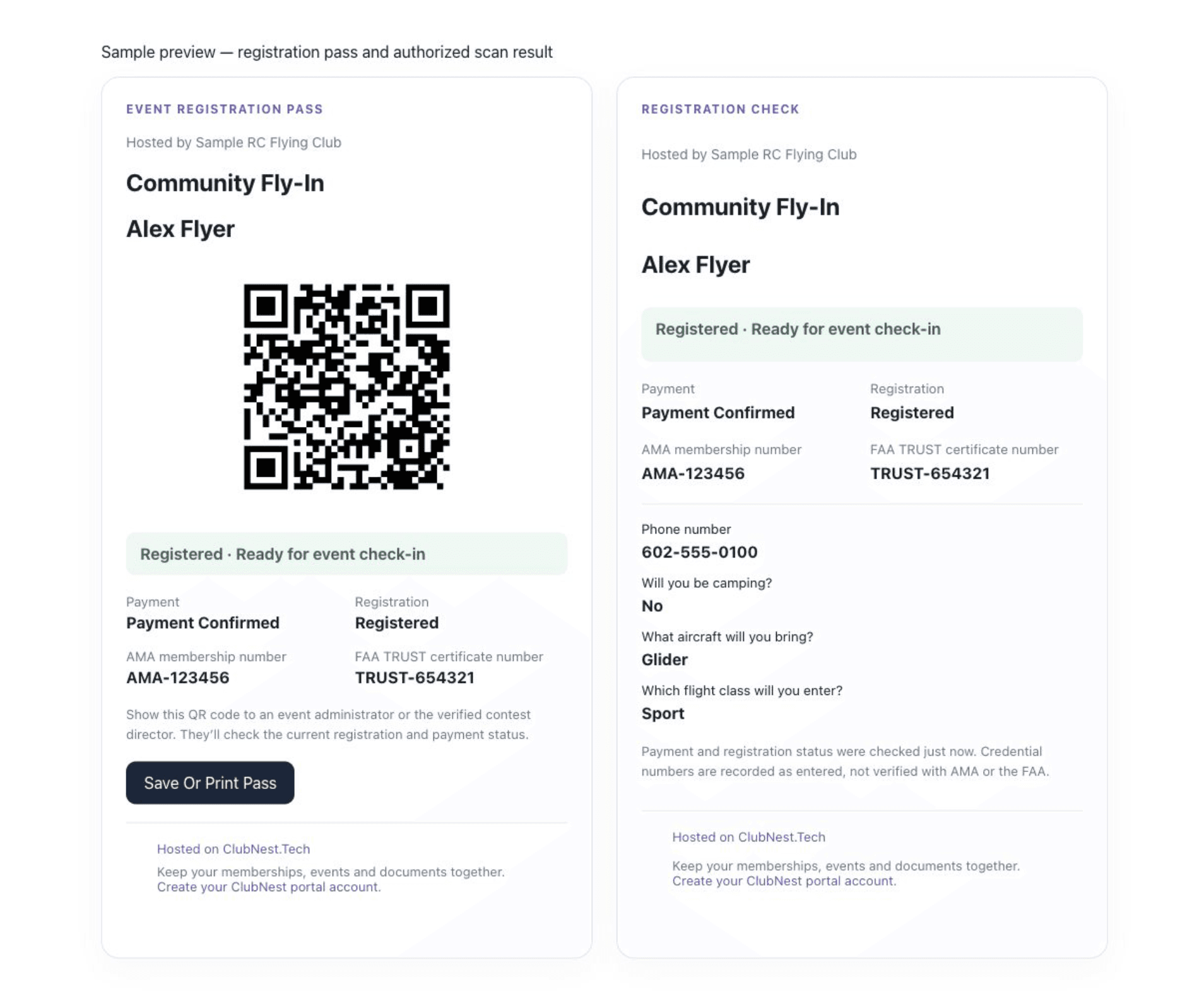 Sample event registration pass for Alex Flyer and the authorized scan result showing payment, registration, credential numbers and custom answers