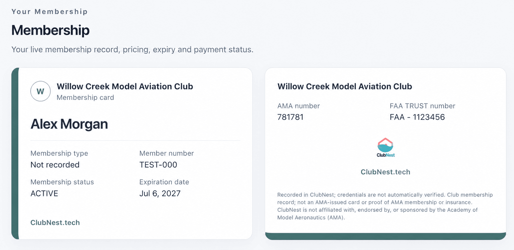 Sample ClubNest membership card for Alex Morgan at Willow Creek Model Aviation Club, showing the front and back